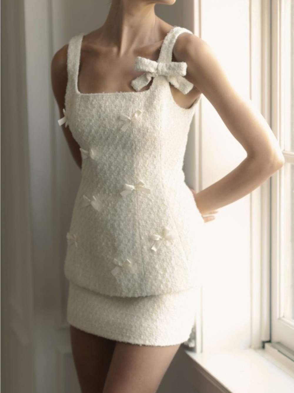 Cream Tweed Skirt Set with Bows